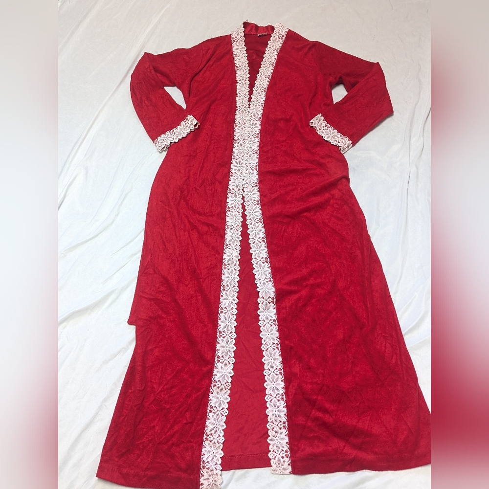 Vtg. Bernette Fleece Floor Robe Dressing‎ Gown  Lace Trim Holiday Hippie 70's